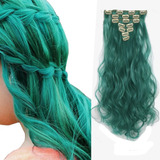 Extensiones De Cabello Con Clip Para Mujer, Color Verde Azu.