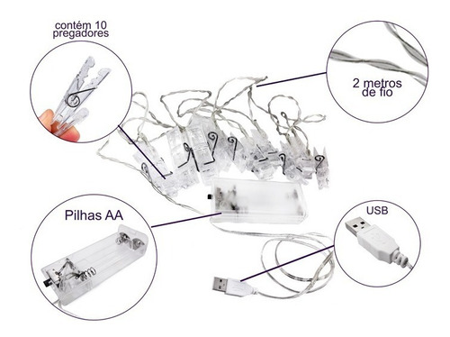 Varal Led 10 Lampadas Pregador Decoração Fotos