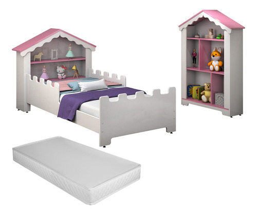 Cama Infantil Castelo Princesa Quarto Menina Colchão Estante