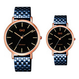 Relojes Pareja Duo Qyq Acero Quartz Q&q Azul + Estuche