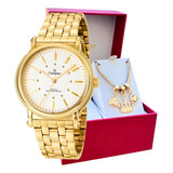 Kit Relógio Feminino Champion Golden Luxo Dourado + Pulseira