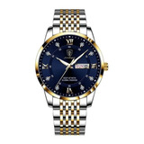 Reloj Poedagar Para Hombre De Lujo, Cuarzo, Correa Plateada Y Azul, Color Plateado Y Dorado, Bisel Dorado