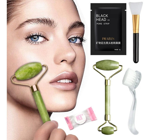 Kit Para Cuidado Facial Rodillo Piedra Jade Natural Cepillo