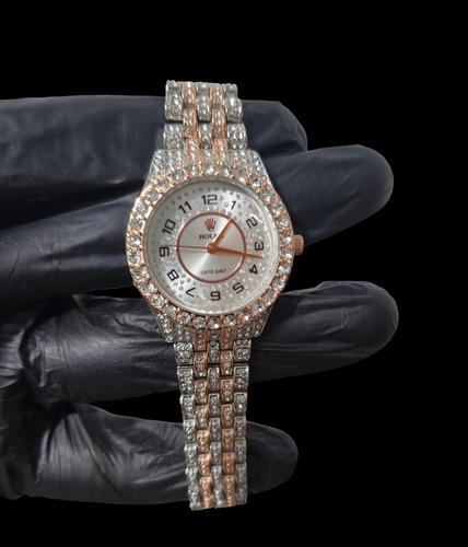 Reloj Rolex Plateado Con Rosa De Dama Clon