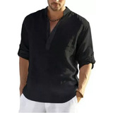 Camisa Hombre Camisa Algodón Lino Manga Larga Stand-up Colla