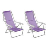 2 Cadeiras De Praia Reclináveis 8 Pos Alumínio Lilás Mor Cor Violeta