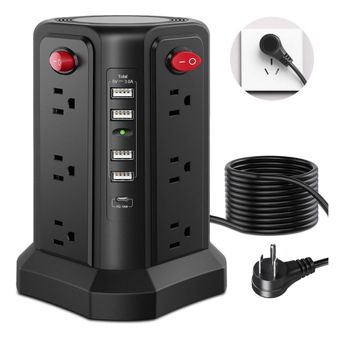 Multicontacto Torre  Con 12 Ac /4 Cargador  Usb 1 Tipo C, 3m