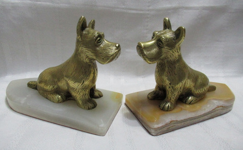 Antig Par Sujetalibros Bronce Figuras Perros Terrier Mármol