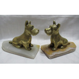 Antig Par Sujetalibros Bronce Figuras Perros Terrier Mármol