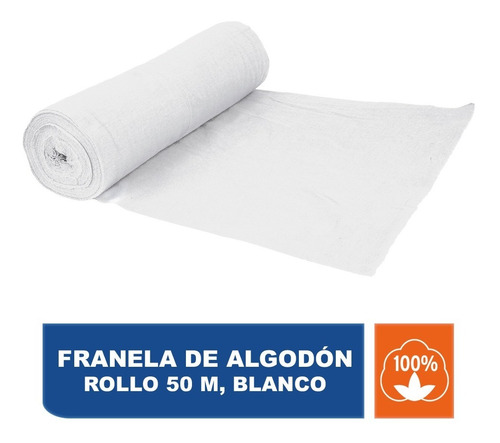 Franela De Algodón, En Rollo, 50 M, Color Blanco  57004