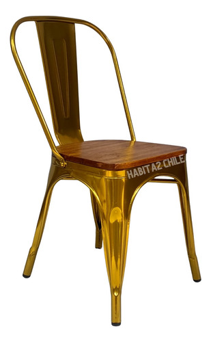 Silla O Taburete Tolix Dorado Con Asiento De Madera