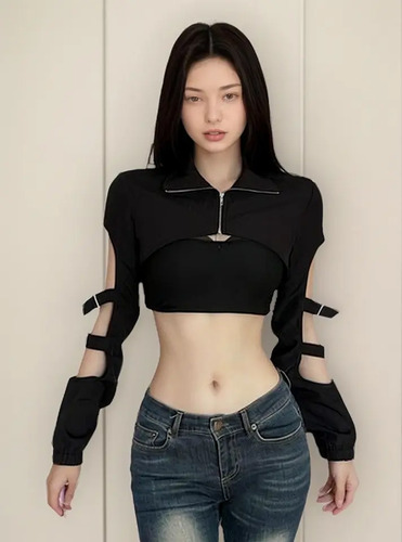 2025 Torera Bolero Mujer Negra Hip Hop Y2k Huecas Manga Larg