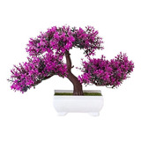 Vaso Branco Planta Bonsai Artificial Folhas Roxas