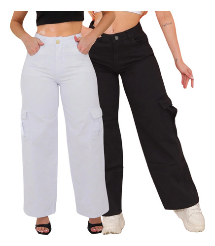 Calça Feminina Wide Leg 100% Jeans Bolsos Cargo - Kit Com 2 
