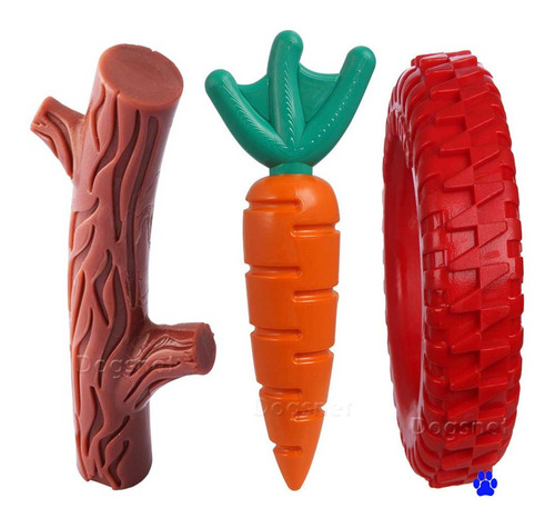 3 Brinquedos Para Cães Graveto + Cenoura + Pneu Buddy Nylon