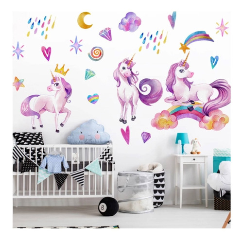 Vinil Decorativo Unicornio Arcoiris Infantil Pegatina Pared