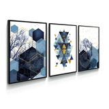 Quadro Decorativo Geometrico Dourado Azul Sala Entrada Loja