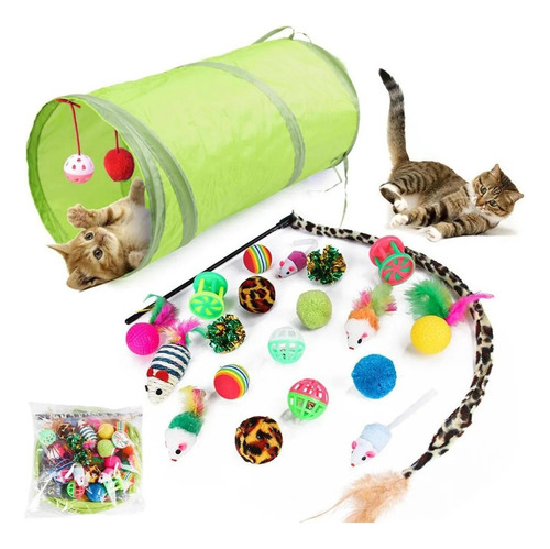 Kit Brinquedos Para Gatos Com Varinha E Tunel Portatil 50cm