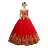 Vestidos De Quinceañera Elegante Color Rojo Dorado Barato  A