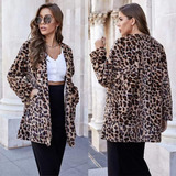 Elegante Abrigo De Piel Sintética Con Estampado De Leopardo