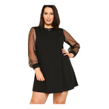 Vestido Negro Corto Formal Manga Transparencias Talla Curvy