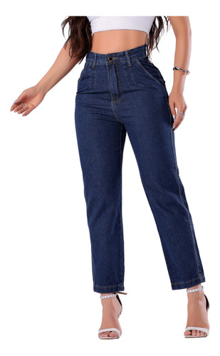 Calça Jeans Feminina Escura Cos Alto Sem Elastano Com Bolso