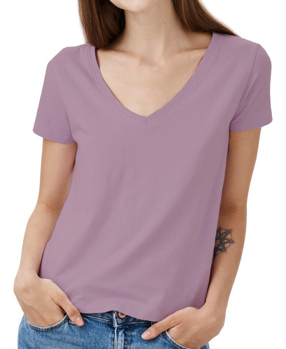 Remera Mujer Cuello V Lisa Manga Corta 100% Algodon Colores!