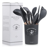 Kit 12 Utensilios Silicona Y Madera - Set Cubiertos Negros