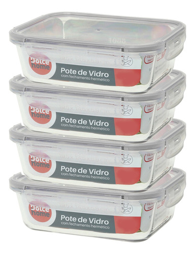 Pote Hermético De Vidro - Marmita 1000ml - Kit C/4 Unidades