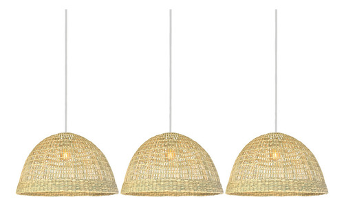 3 Pendente Junco Fibra Natural Boho Restaurante Palha Nat49 110v/220v