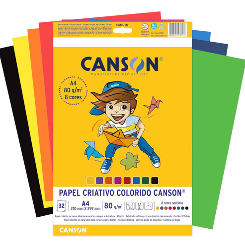 Bloco Papel Criativo A4 Canson 80g 8 Cores 32 Folhas