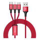 Cable Usb Baseus 3 En 1, 120 Cm, 3 A, Para iPhone Micro Tipo C, Rojo