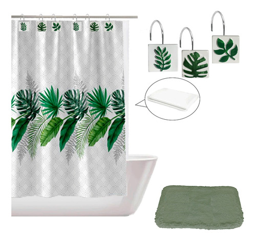 Combo Cortina De Baño Diseño Moderna Tela Estampada Hojas