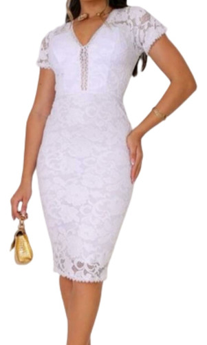 Vestido Midi De Noiva Decote Cartorio Moda Blogueiras Luxo