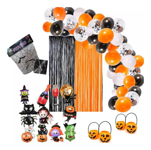 Arco De Globos Halloween Cortinas Tela Araña Carameleras 