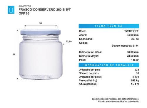 Frasco Conservero 260cc Pack 24 Unds Tapa 66mm