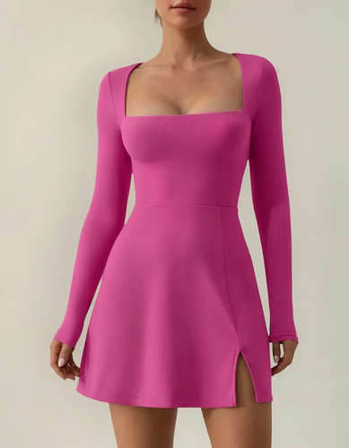 Vestido Curto De Gola Quadrada Para Mulheres, Manga Comprida