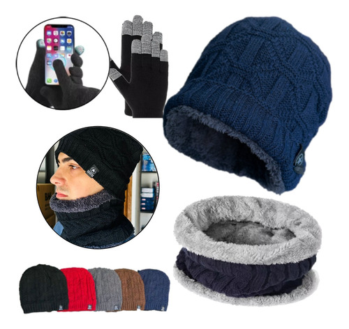 Kit Frio Touca Gorro + Luva Touch Celular + Cachecol Echarpe