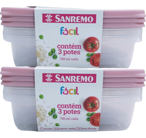  Potes Plastico 6 Peças Sanremo 785ml Freezer Microondas