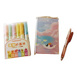 Papeleria Kawaii Kit Libro Post It Pluma Plumones Con Aroma