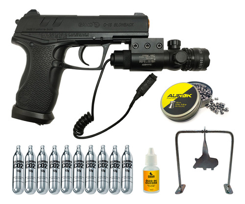 Pistola 4.5mm Profissional Co2 Gamo C15 + Laser + Combo Tiro