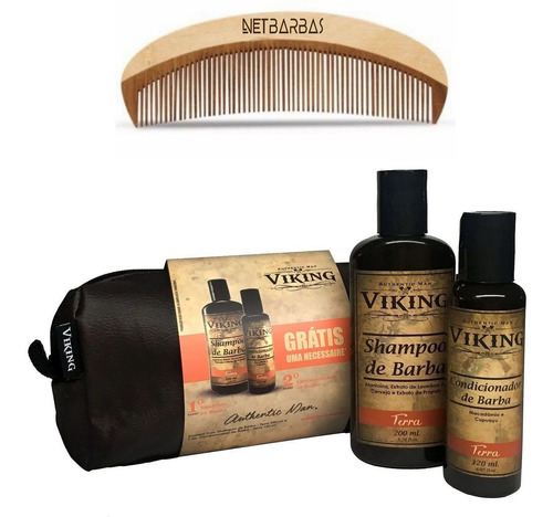 Shampoo E Condicionador Barba - Terra Viking E Pente Madeira