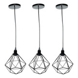 3 Pendentes Aramado Diamante Lustre Balcão Retrô Cabo 2 Mt Cor Preto