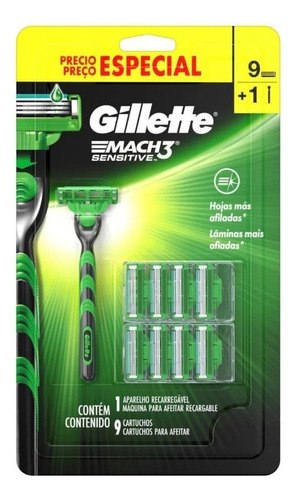 Gillette Mach 3 Sensitive Aparelho De Barba Com 9 Cartuchos 