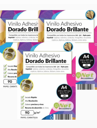 60 Hj Papel Vinilo Adhesivo Dorado Imprimible A4  Env.gratis