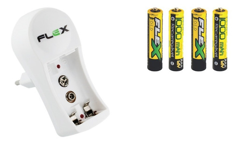 Carregador Pilhas Flex + 4 Pilhas Recarregável Aaa 1000mah - Carrega 9v - Aa - Aaa Duracell Sony Elgim Gp Mox 