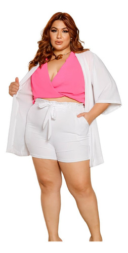 Conjunto Plus Size Shorts Casaco Cardigan Kimono Verão Praia