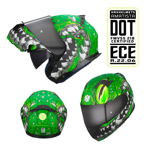 Hax Helmets. Casco Para Moto. Dot + Ece 06. Amatista Mutant Color Verde Tamaño Del Casco L - Grande