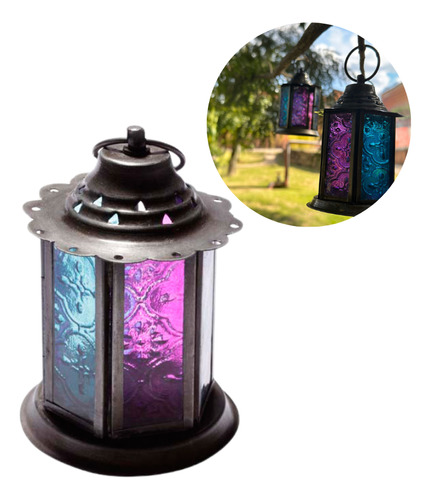 Lanterna De Metal Com Vidro Pink E Azul Decorativo Vela Luxo