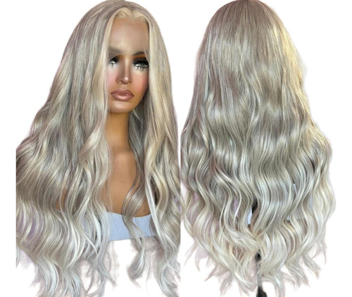 Front Lace Peruca Platinada Mechas Ondulada Baby Hair Longa 